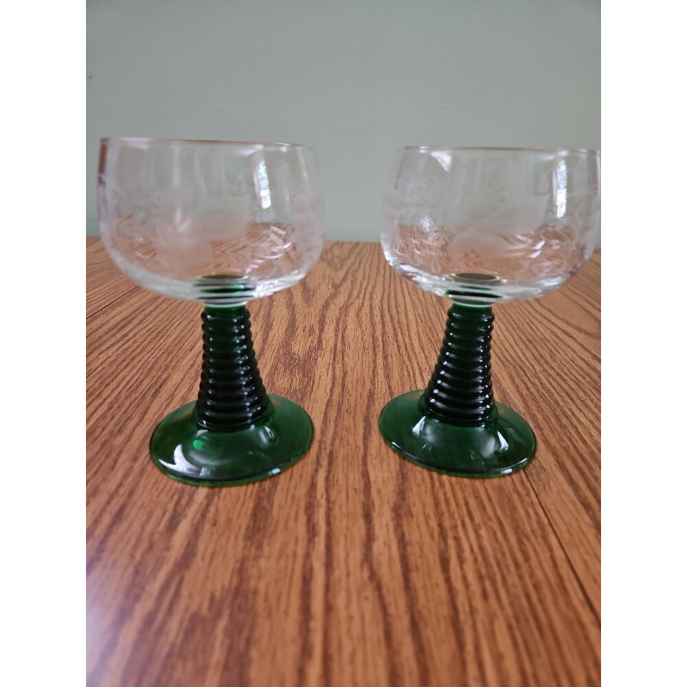 Vintage German Roemer Wine Glasses Set of 2 Green Grapevine Stem Etched Grapes